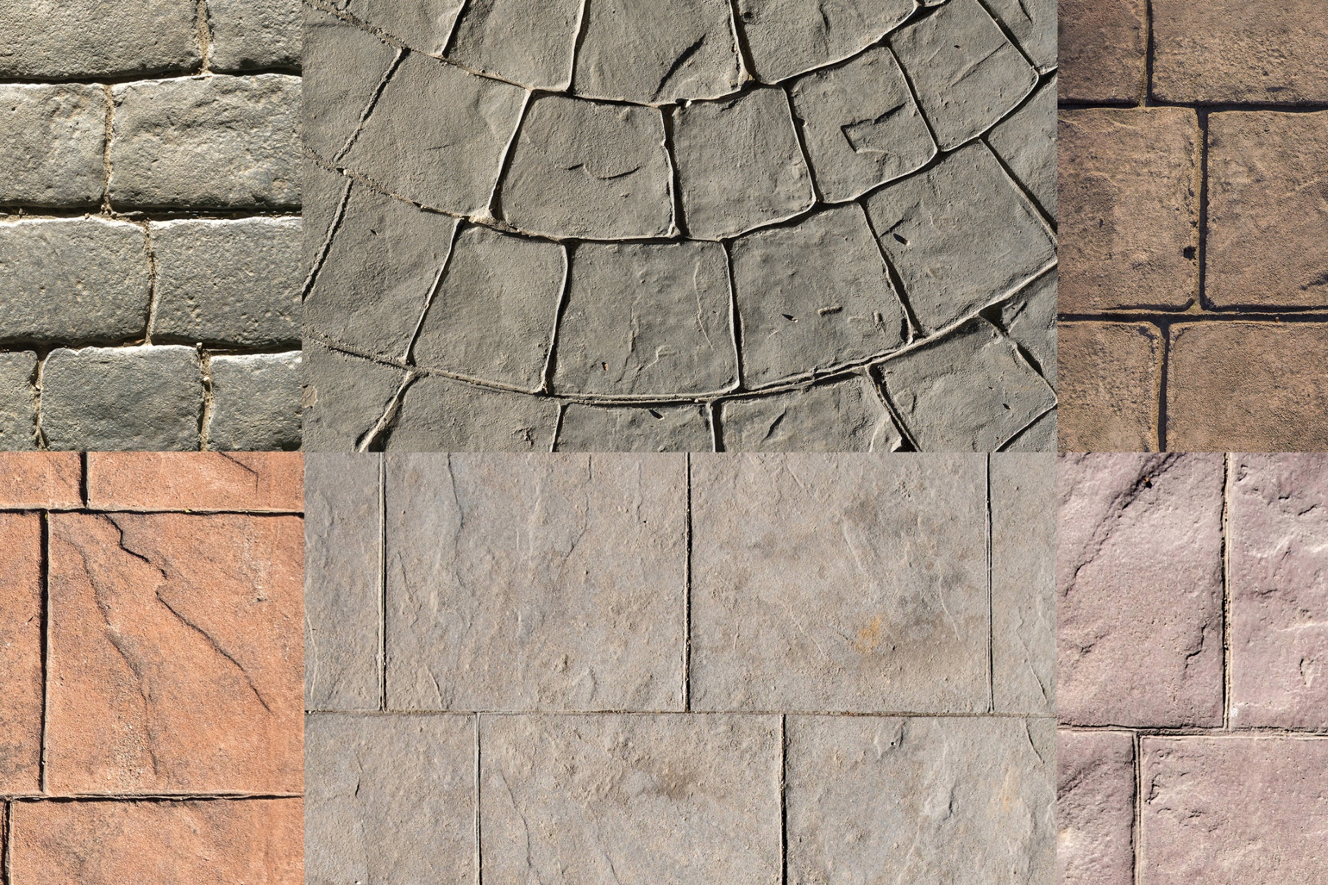 Six assorted stamped concrete overlay designs for comparison.
