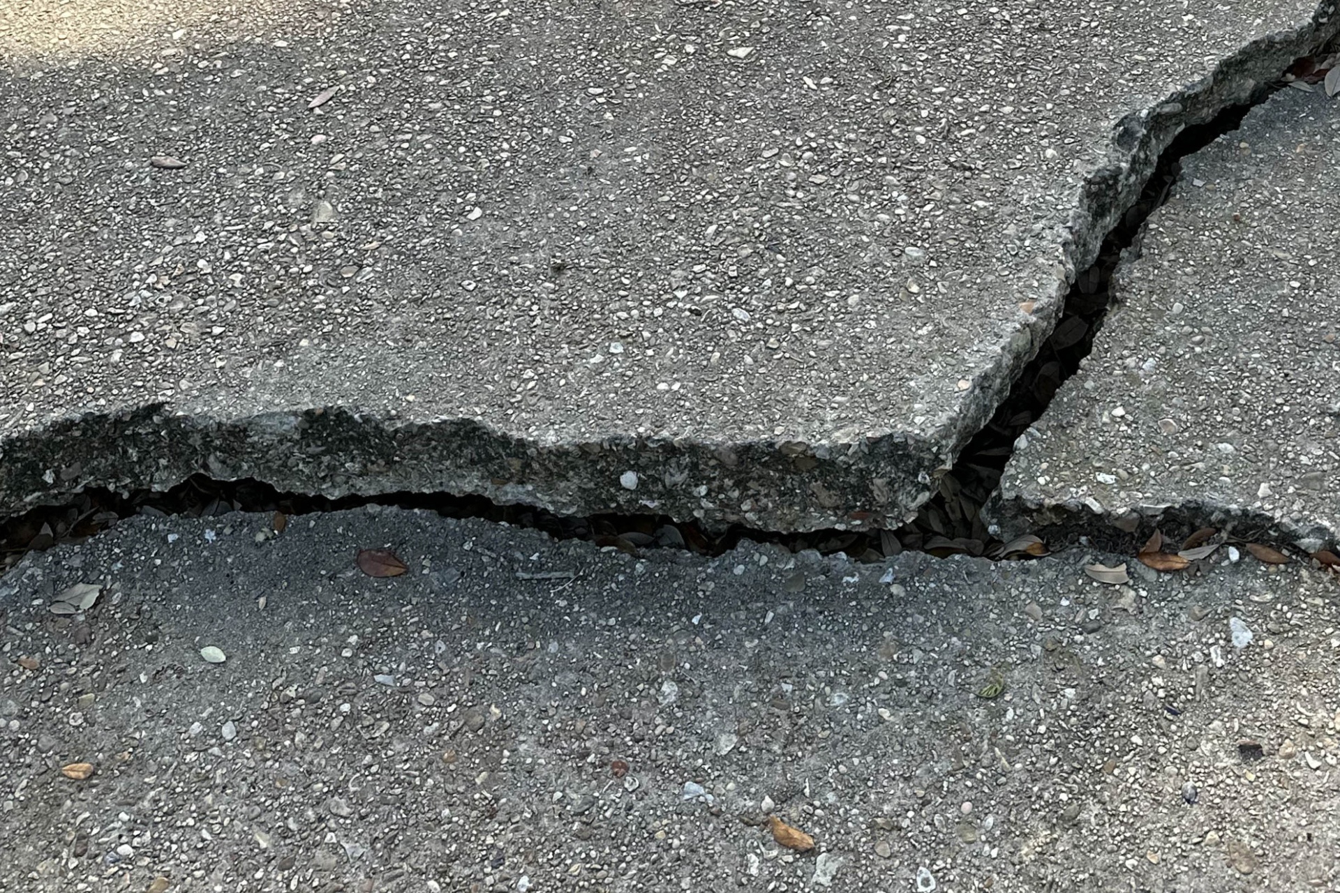 A concrete driveway with multiple cracks and severe heaving.